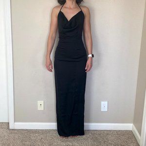 Fame & Partners black backless cowl column dress